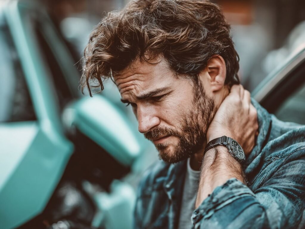 Man holding head stressed from car accident bills in Arkansas.