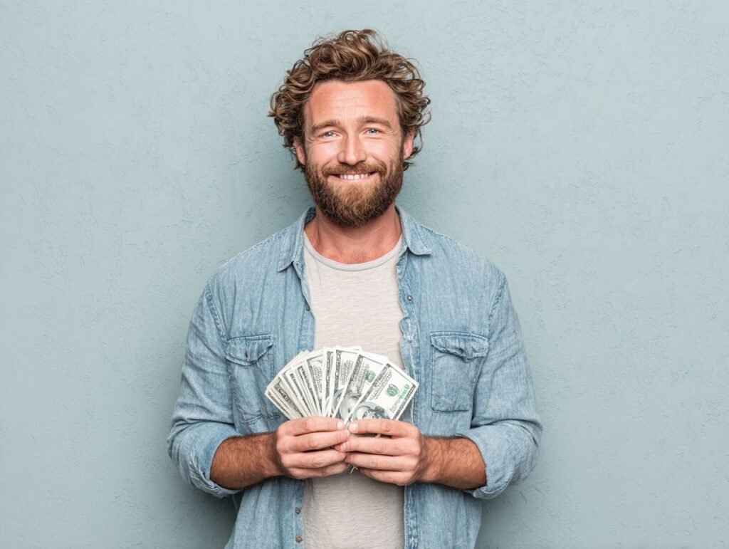 Man smiling with lawsuit cash advance money in Arizona.